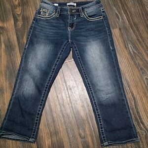 Vigoss Women Blue Denim Capri Jeans Embellished Pockets Stretchy Fit Size 10